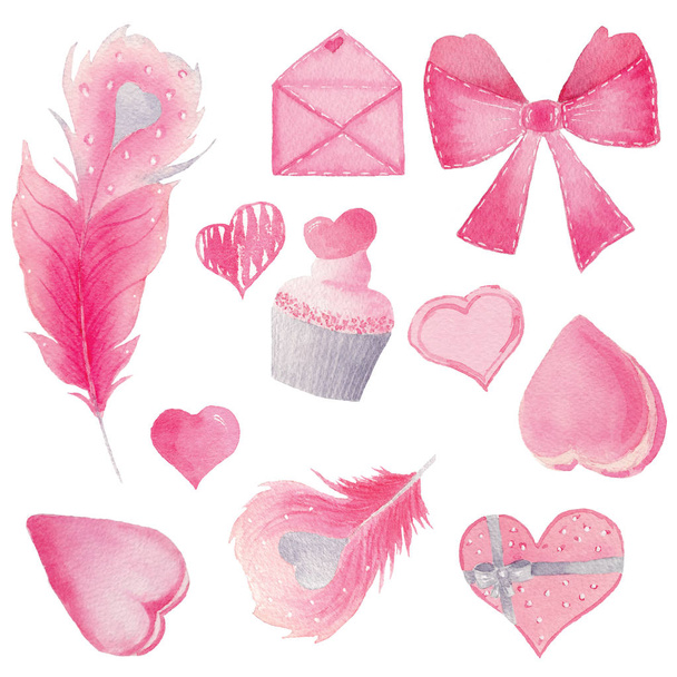 Set of hand painted watercolor hearts, cake, feathers, bow and envelope illustration. Isolated clipart for wedding, invitations, blogs, template card, birthday, baby cards, greeting, bridal card. - Foto, Bild
