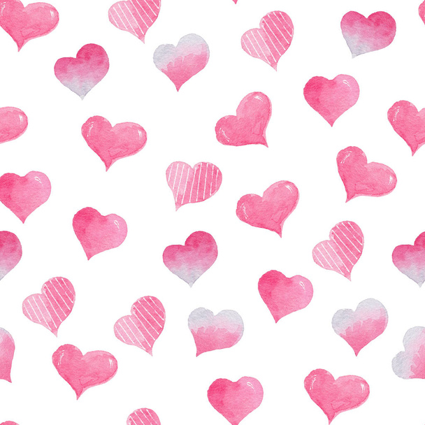 Ακουαρέλα απρόσκοπτη μοτίβο με φωτεινά ροζ καρδιές. Χαριτωμένο διακοσμητικό φόντο. Ταπετσαρία για τη σεζόν διακόσμηση, χαρτί περιτυλίγματος. - Φωτογραφία, εικόνα