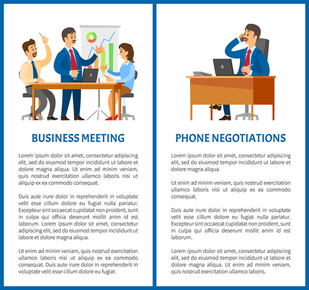 Business Meeting and Phone Negotiation Office Work - Vector, Imagen