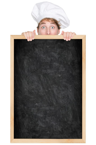 Funny chef showing blackboard menu sign - 写真・画像