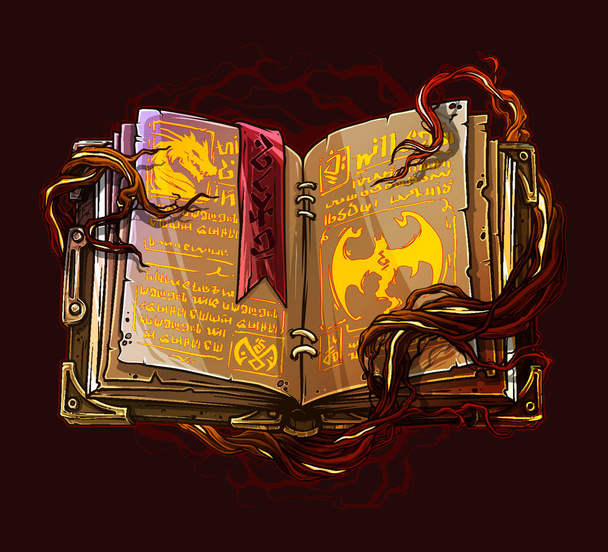 Desenhos animados coloridos detalhados velhos livros de magia aberta com dragões, símbolos estranhos e marcador de páginas. No fundo com raízes de árvore. Ícone vetorial
. - Vetor, Imagem