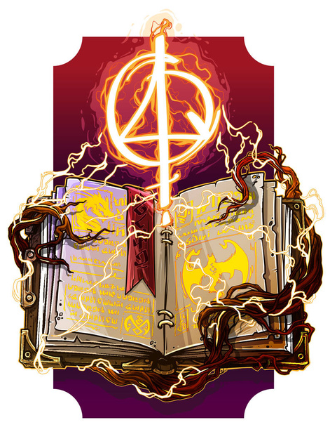 Cartoon colorful detailed old open magic spell books with dragons, strange fire lightning symbols and bookmark. On background with tree roots. Vector icon. - Vetor, Imagem