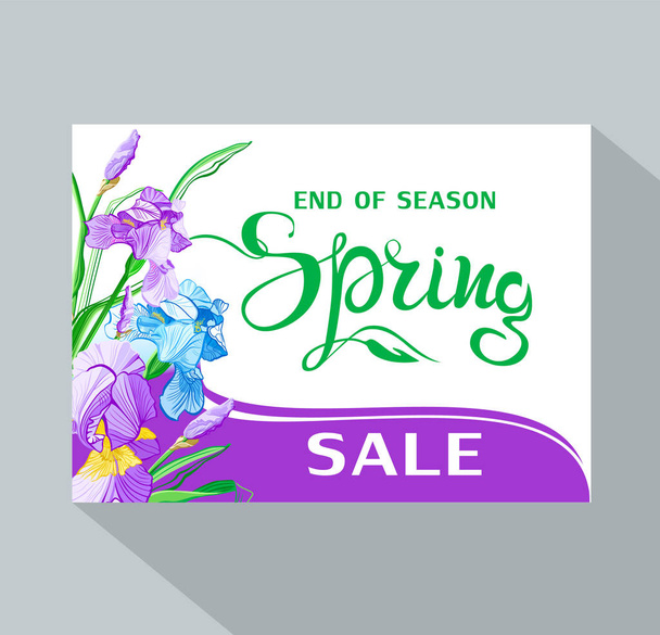 Spring Sale background with irises flowers, leaves  and lettering. Spring placard, poster, flyer, banner invitation card. - Vettoriali, immagini