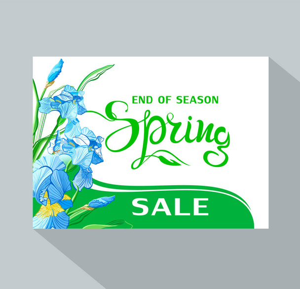 Spring Sale background with irises flowers, leaves  and lettering. Spring placard, poster, flyer, banner invitation card. - Vektor, obrázek