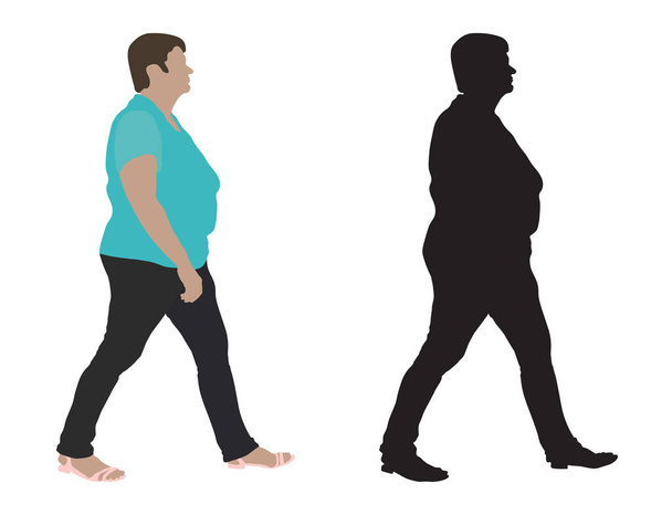 太った女性に行くとシルエットで、横から見た図、ベクトル図では、白い背景で隔離. - ベクター画像