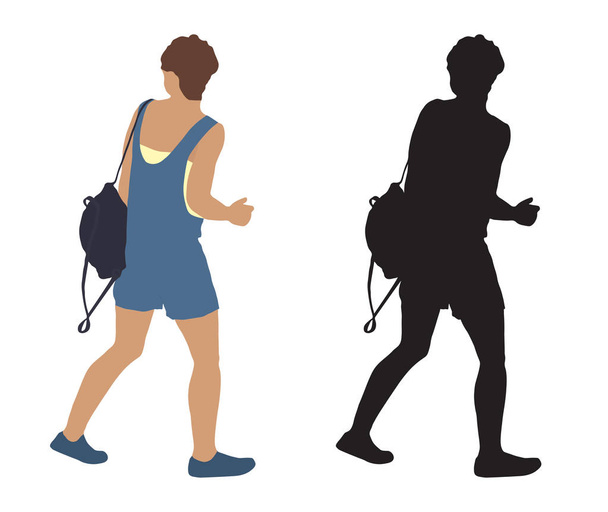 Mujer en movimiento con mochila y silueta, ilustración vectorial, aislada sobre fondo blanco
. - Vector, Imagen