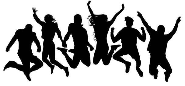 Jumping friends youth background. People jump vector silhouette. Cheerful man and woman isolated. Crowd jumping people, close to each other - Vector, Image