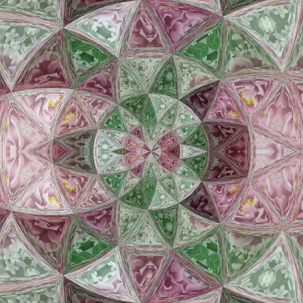 efecto de cuarzo de cristal ultra violeta rosa de vidrieras de viento, patrón de azulejos de mosaico de colores en violeta, verde y blanco
 - Foto, Imagen