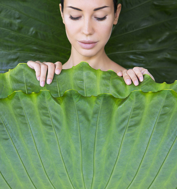 Young woman's face surrounded by tropical leaves. The girl is covered with leaves, bed of leaves. Woman face with Natural nude make-up on a tropical leaf background. Natural cosmetic and wellness concept. Space for text - Foto, immagini