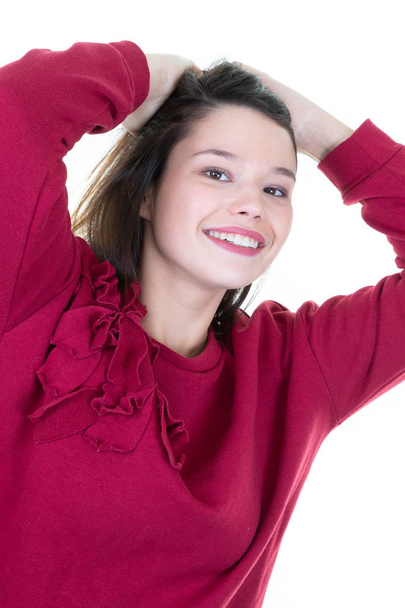 pretty beautiful smiling young woman in red sweater - Fotografie, Obrázek