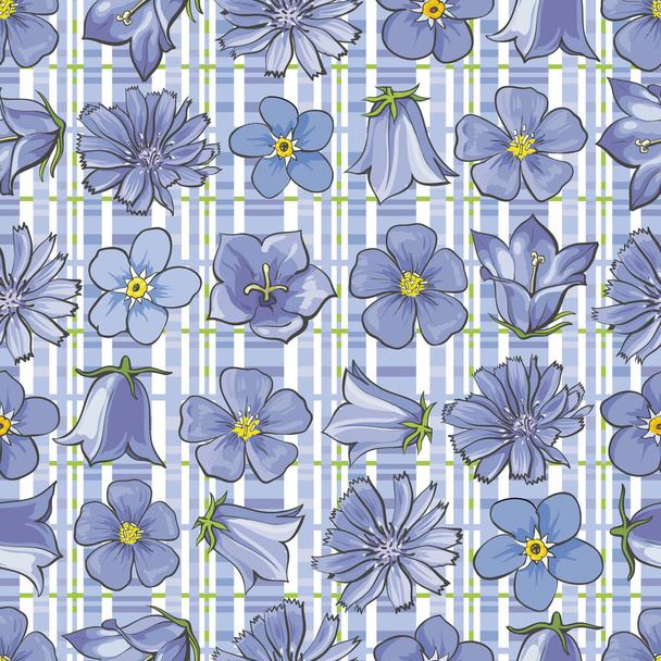 Vector illustration of blue wild flowers on checkered background seamless pattern. - Vetor, Imagem