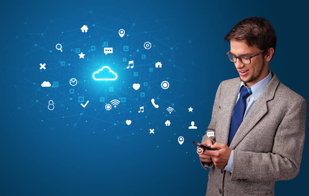 Person using phone with cloud technology concept - Foto, Imagem