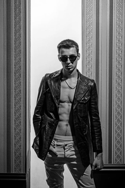 Fashion portrait of man. Sexy muscular man. Confident and successful. Male fashion and style. Macho man with six pack. trendy glasses. Cool and sexy. Fashion is his life - Фото, изображение
