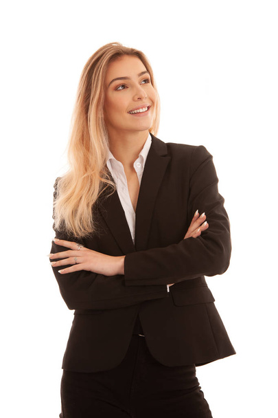 Beautiful blond young business woman in black suit isolated over white - Foto, afbeelding