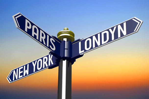 3D illustration/ 3D rendering - signpost with three arrows - capital cities - Photo, Image