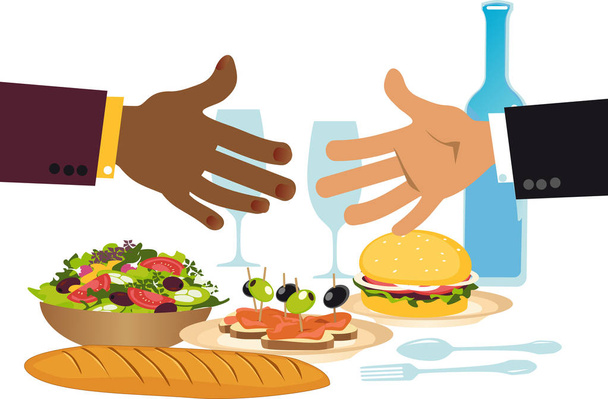 Деловые люди пожимают руки за обеденным столом, представляющим бизнес-ланч или сетевое мероприятие, векторная иллюстрация EPS 8
 - Вектор,изображение