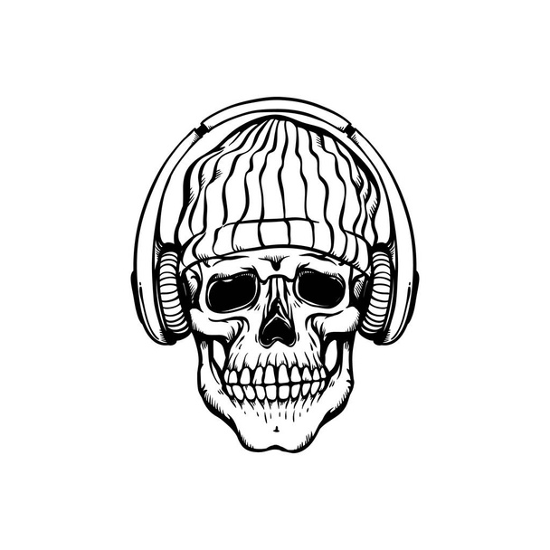 Human skull in hip-hop or rap style headwear - knit hat and headphones in sketch style. - Vector, Image