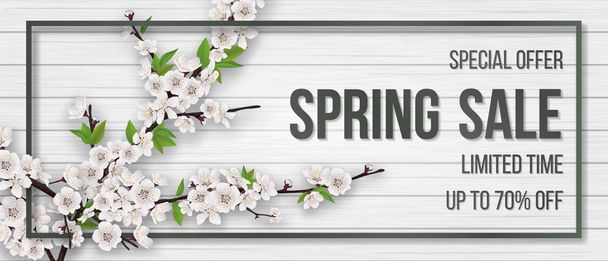 Spring card with blooming branch on wooden background. - Vector, Image