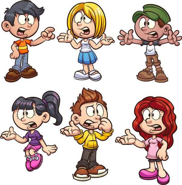Cartoon kids talking and asking questions clip art. Vector illustration with simple gradients. Each on a separate layer. - Vector, Image