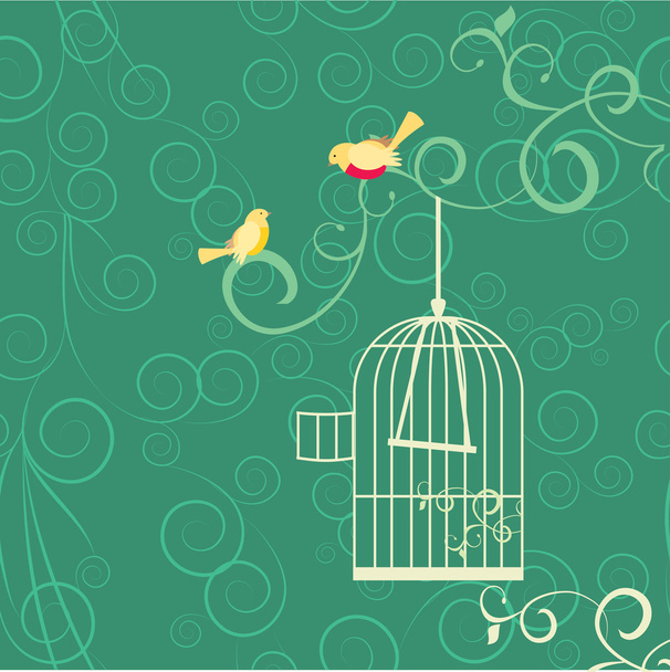 par de pássaros amarelos, gaiola aberta
 - Vetor, Imagem