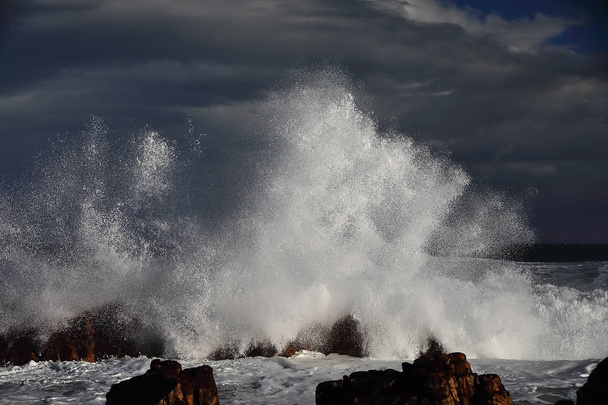 Υψηλή παλίρροια στο Die Punt σε Κόλπος Mossel (Νότια Αφρική) μπορεί να είναι πολύ γραφικό, όταν η πανίσχυρη κύματα έπληξαν τη βραχώδη ακτή ένα μετά το άλλο. - Φωτογραφία, εικόνα