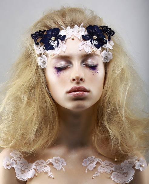 Relax. Styled Enigmatic Blonde with Painted Skin. Dreams with Closed Eyes. Beauty - Photo, Image