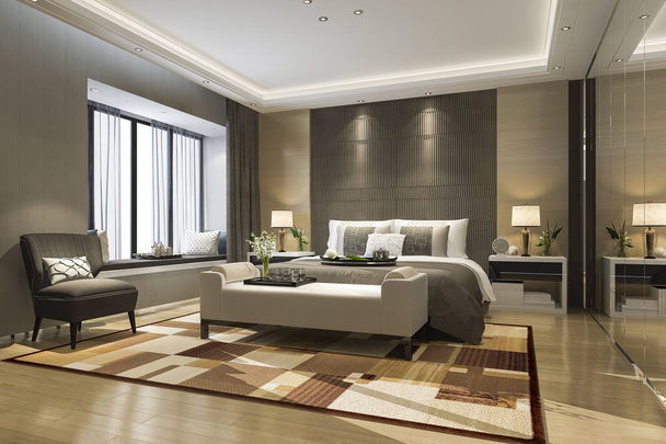3D візуалізація красивої розкішної спальні в готелі з дзеркальним шафою
 - Фото, зображення