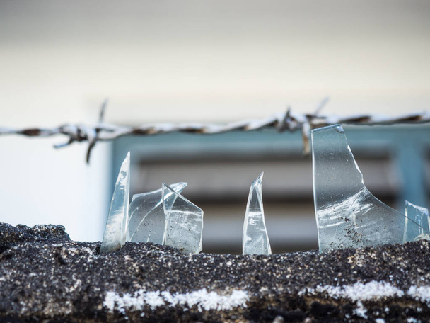 Кусочки разбитого стекла, зацементированные поверх забора из колючей проволоки для защиты от вторжения
 - Фото, изображение