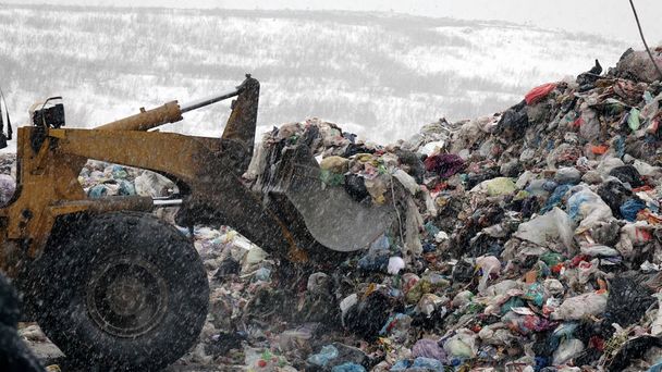廃棄物処理工場での労働者。コンベア ベルト上のゴミを並べ替え - 写真・画像