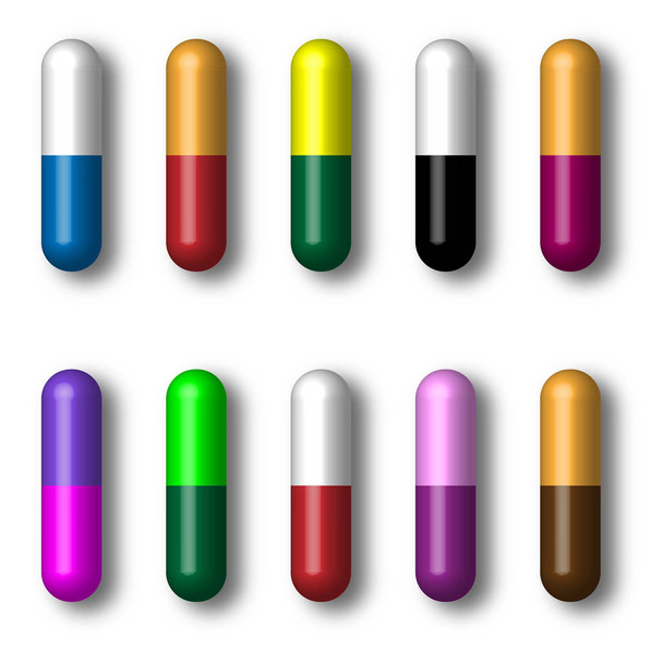 Um conjunto de cápsulas de medicamento. Objetos isolados sobre fundo branco, ilustração vetorial
 - Vetor, Imagem