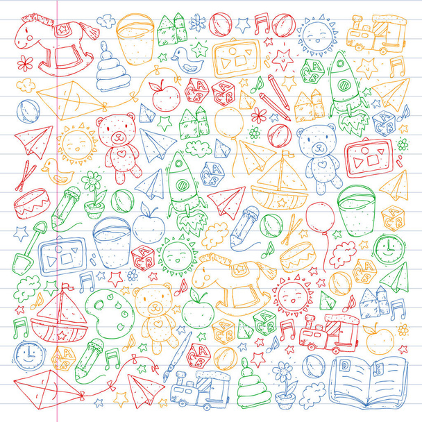 Kindergarten with toys. Pattern for children. Little preschool kids education. Drawing, learning - Вектор,изображение