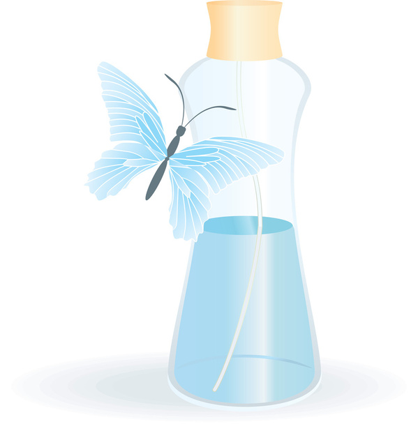 pillangó a palack illat, vagy egy másik kék folyadék, fehér - Vektor, kép