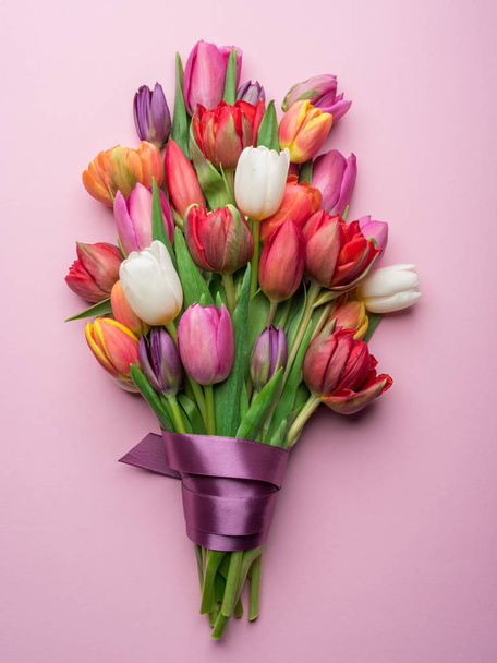 Colorful bouquet of tulips on white background. Spring background. - Фото, изображение