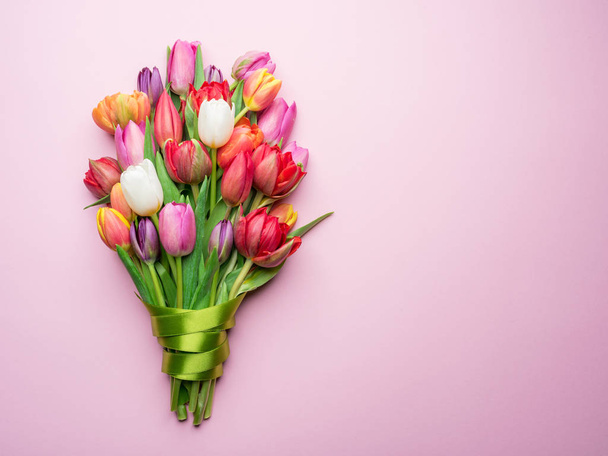 Colorful bouquet of tulips on white background. Spring background. - Zdjęcie, obraz