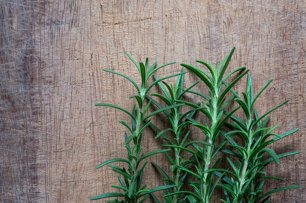 Rosemary plant on wooden rustic table from above, fresh organic herbs with copy space for text - Photo, Image