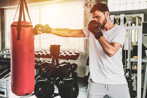 Portrait hommes sportifs avec les gants de boxe dos à l'entraînement à la salle de gym
 - Photo, image