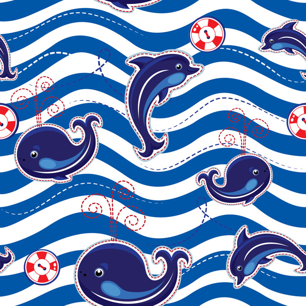 Seamless sea pattern with dolphins, whales and buttons on stripe - Vector, Image