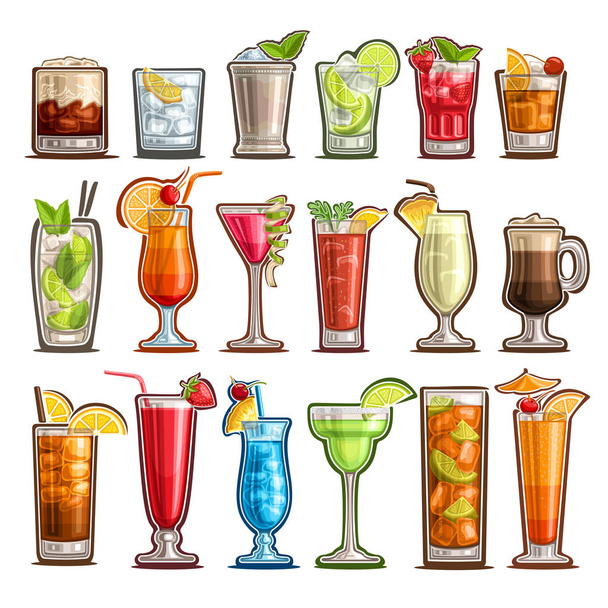 Vector set of tropical Cocktails, 18 cut out classic cocktails with design garnish: white russian, bloody mary or caesar sunday with lemon, sweet pina colada, cold cuba libre with cola for bar menu. - Vector, Image