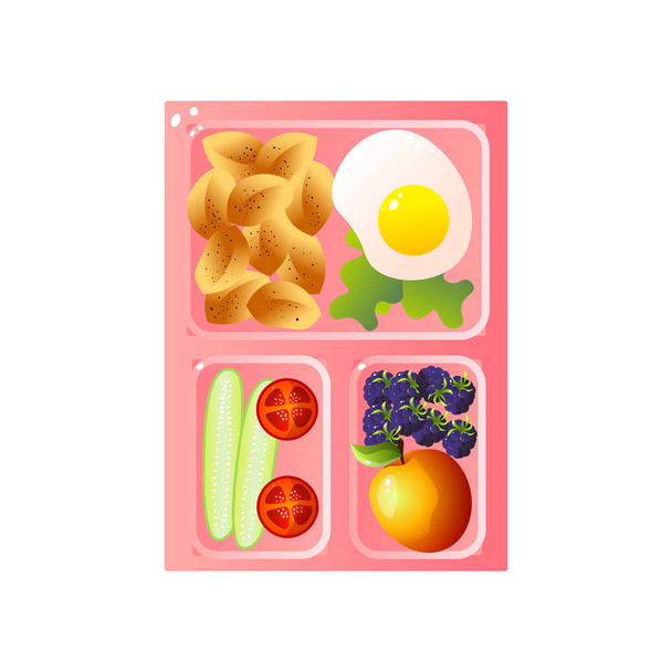 School Lunch Tray with Fried Egg and Pasta, Vegetables, Fruits Vector Illustration - Vector, Image