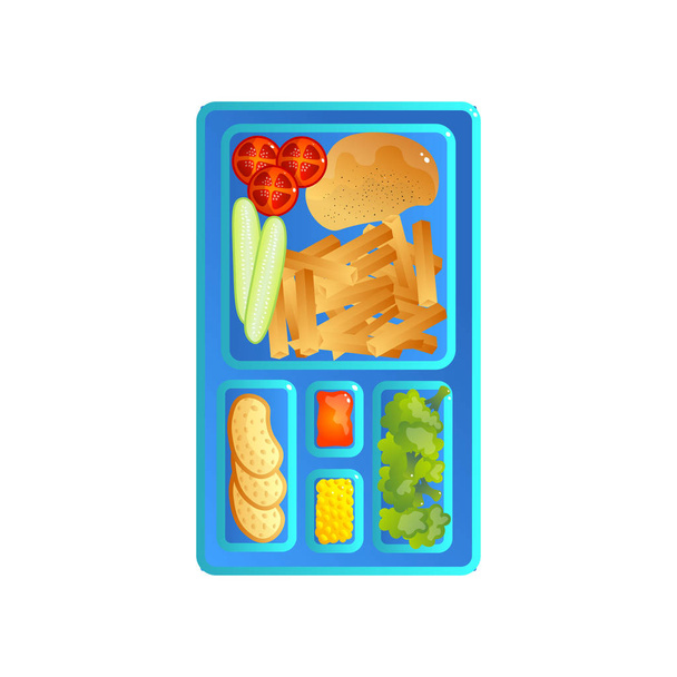 School Lunch Tray with French Fries, Vegetables, Bread, Greenery and Sauce Vector Illustration - Vector, Image