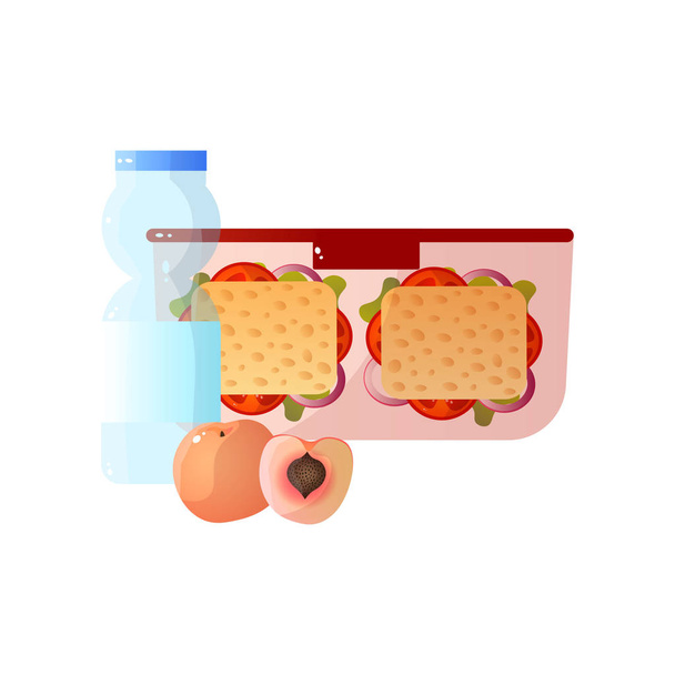 Lunch Box with Healthy Food, Two Sandwiches, Peach and Bottle of Water, School Lunch in Container Vector Illustration - Wektor, obraz