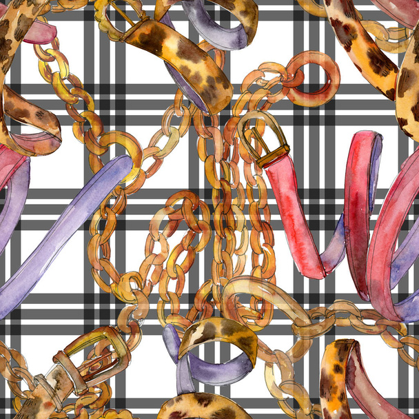 Leather and golden chain belts fashion glamour illustration in a watercolor style. Seamless background pattern. - Foto, afbeelding