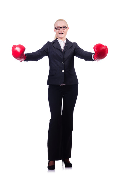 Woman businesswoman with boxing gloves on white - Фото, изображение