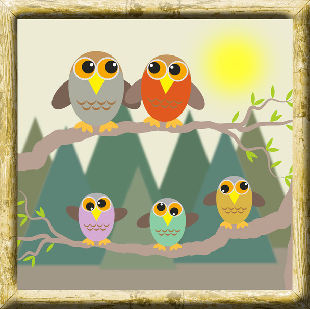 framed picture of an owl familie - Fotoğraf, Görsel