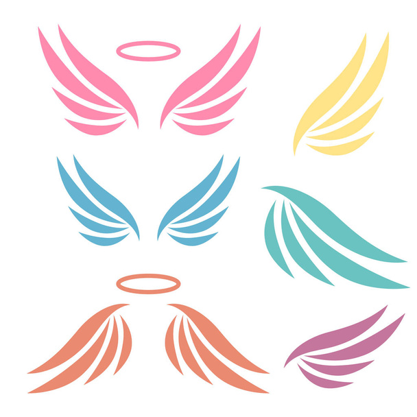 Conjunto de logotipo de asas desenhadas à mão. Conjunto de logotipo com asas. Rótulos alados de anjos e aves - Vetor, Imagem