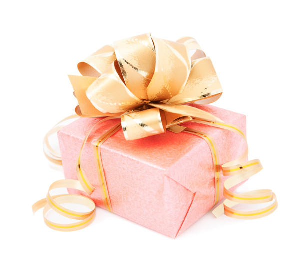 gift box with gold bow isolated on white - Fotó, kép