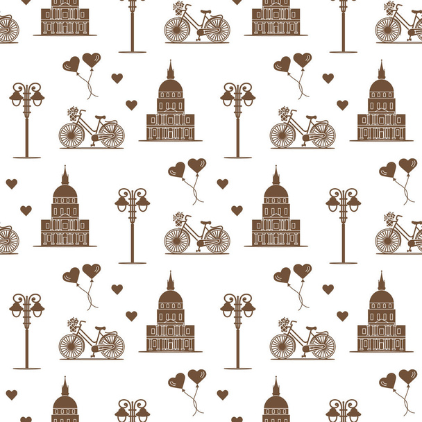 Seamless pattern with famous building, bicycle, lantern, balloons, hearts. Travel and leisure. Valentine's Day. Romantic background. - Vector, Image