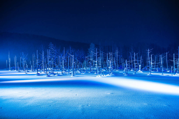 Hermoso paisaje al aire libre con estanque azul río por la noche con la luz en la temporada de invierno de nieve en Biei Hokkaido Japón
 - Foto, imagen