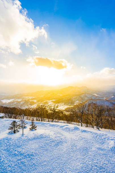 Beau paysage avec montagne autour de l'arbre dans la neige saison d'hiver au coucher du soleil à Sapporo Hokkaido Japon
 - Photo, image