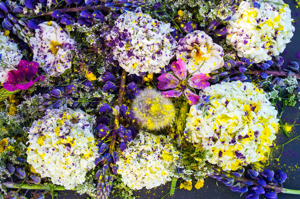 Цветущие смешанные цветы - вибурнум, люпин, бриар, роза, лютик, болиголов с фиолетовым и желтым порошком, цветочный фон
 - Фото, изображение